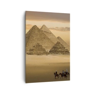 Impression sur toile - Image sur toile - Pyramides d'Égypte au coucher du soleil avec des cavaliers à cheval - 70x100cm - Aucun changement depuis des milliers d'années - Décoration murale moderne pour le salon et la chambre ARTTOR