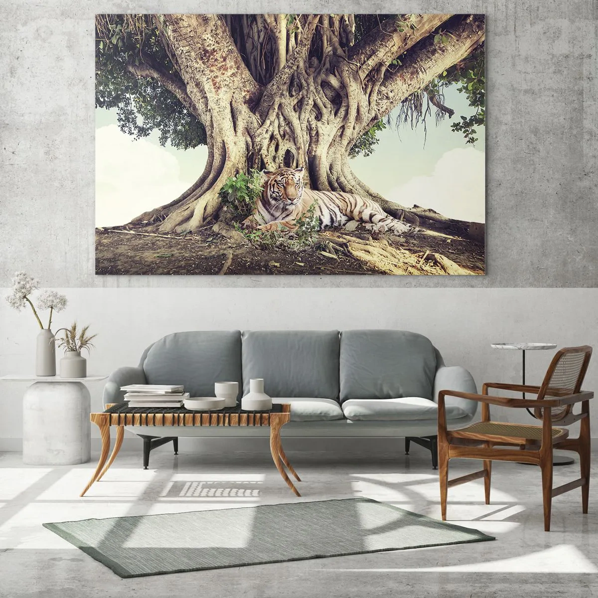 Impression sur verre - Image sur verre - Un tigre couché sous un arbre étendu dans la jungle - 70x50cm - Vue du Livre de la Genèse - Décoration murale moderne pour le salon et la chambre ARTTOR