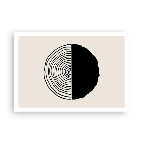 Affiche - Poster - Un motif abstrait en noir et blanc inspiré d'une coupe transversale de bois avec une division géométrique. - 100x70cm - Moitié-moitié - Décoration murale moderne pour le salon et la chambre ARTTOR