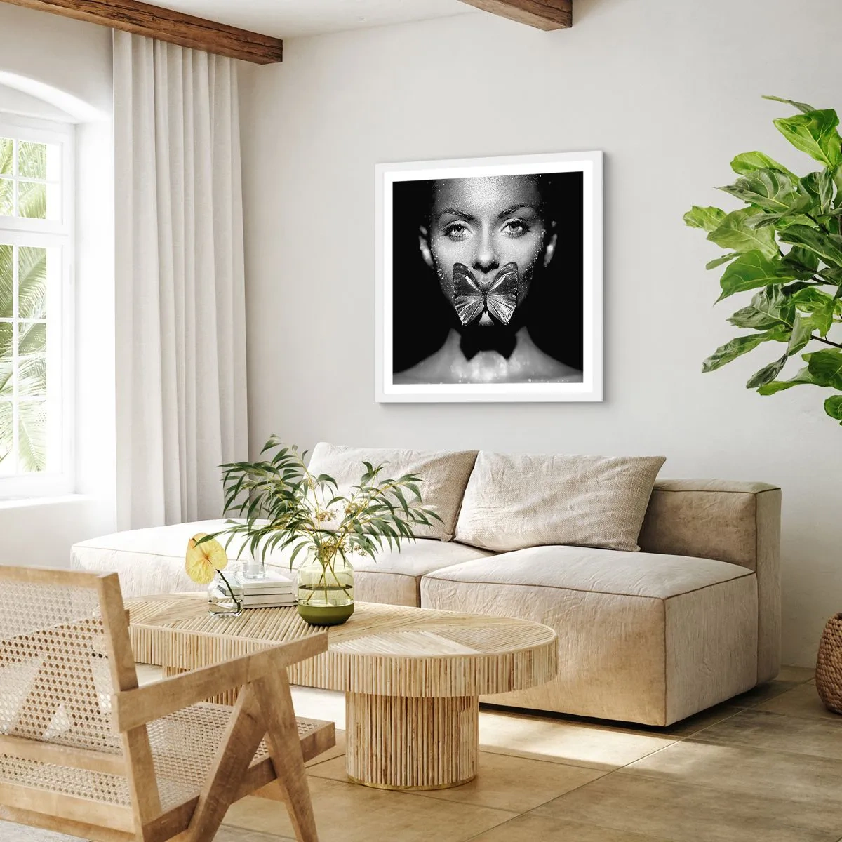 Affiche dans un cadre blanc - Poster - Baiser papillon - 60x60 cm