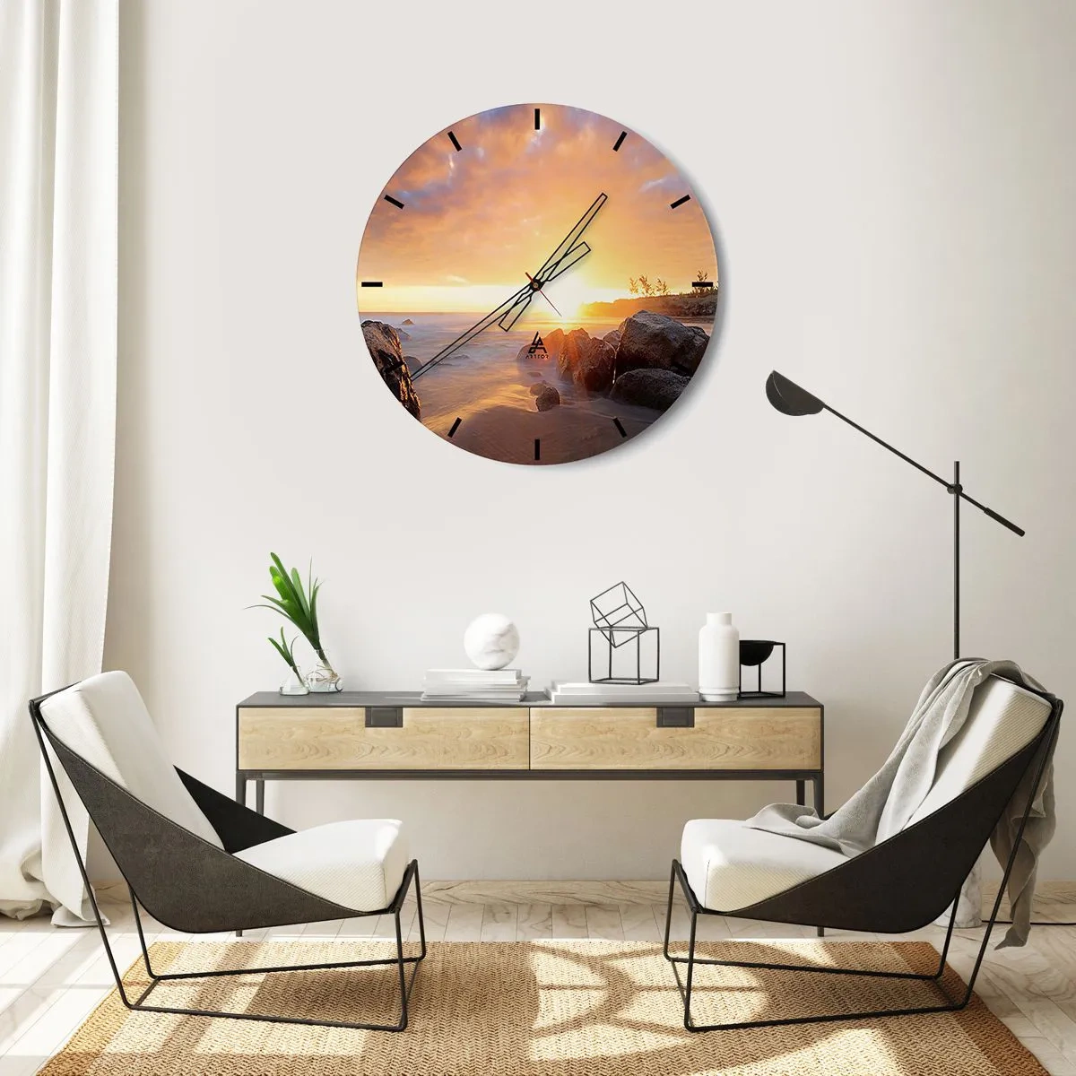 Horloge murale - Pendule murale - Coucher de soleil sur la mer avec des pierres et une lumière chaude - 30x30cm - Brise lumineuse du soir - Décoration murale moderne pour le salon, la cuisine et la chambre ARTTOR