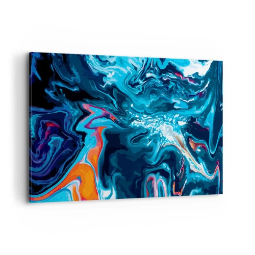 Impression sur toile - Image sur toile - Un motif abstrait dans des tons de bleu avec des accents orange. - 120x80cm - Voyage au centre du ciel - Décoration murale moderne pour le salon et la chambre ARTTOR