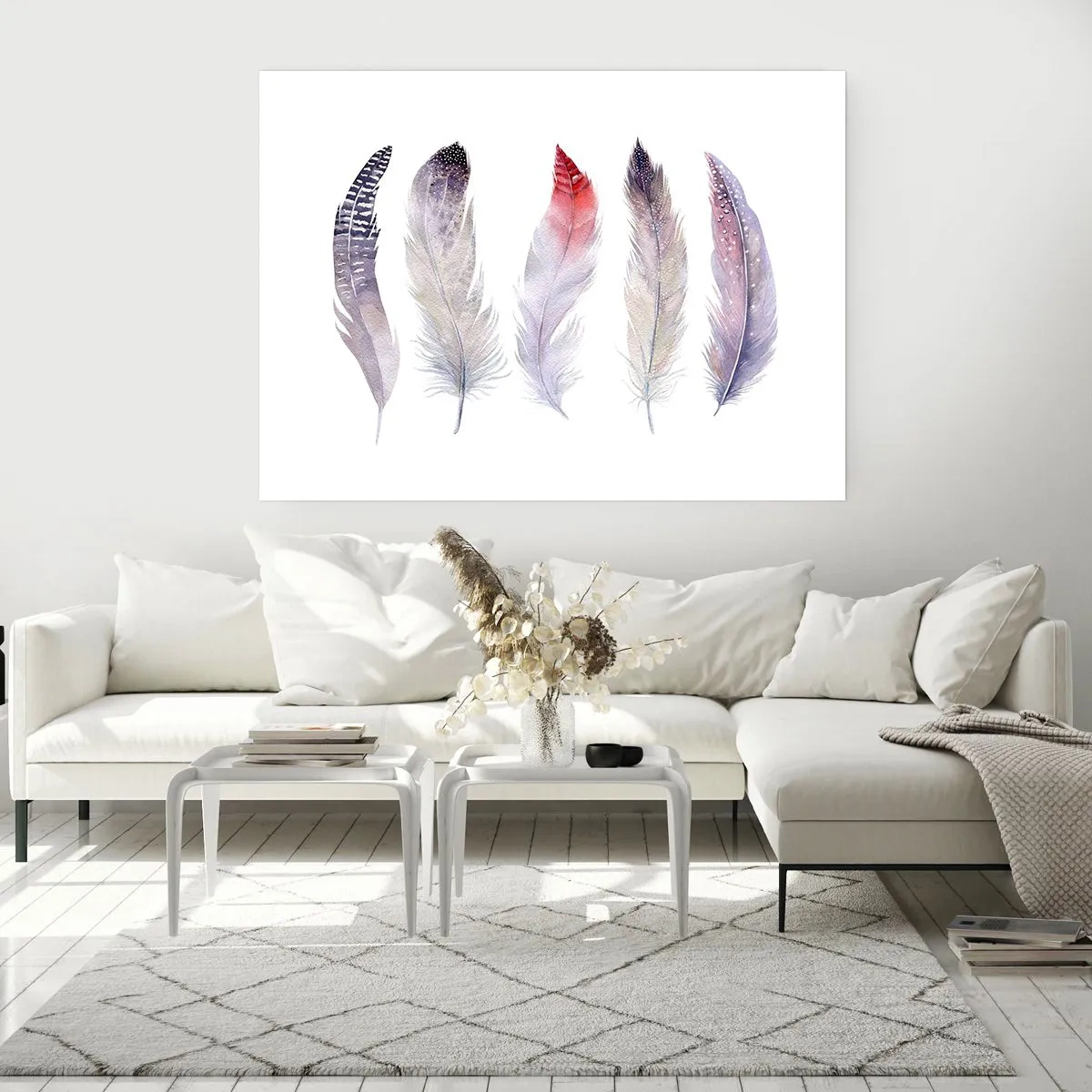 Affiche - Poster - Cinq plumes délicates aux tons pastel sur fond clair - 100x70cm - Délicat comme un brouillard multicolore - Décoration murale moderne pour le salon et la chambre ARTTOR