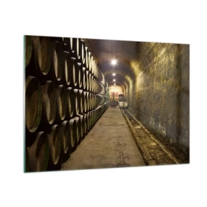 Impression sur verre - Image sur verre - Cave à vin avec rangées de barriques - 100x70cm - Qu'il est bon de s'allonger - Décoration murale moderne pour le salon et la chambre ARTTOR