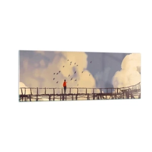 Impression sur verre - Image sur verre - Une silhouette sur un pont parmi les nuages avec des oiseaux dans le ciel - 140x50cm - Bleu nostalgie - Décoration murale moderne pour le salon et la chambre ARTTOR