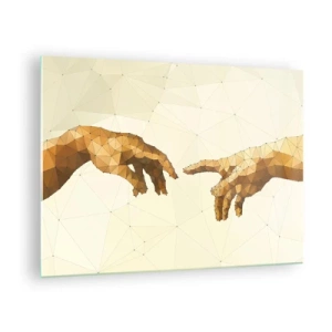 Impression sur verre - Image sur verre - Une version stylisée du tableau « La Création d'Adam » en technique polygonale - 70x50cm - Géométrie divine - Décoration murale moderne pour le salon et la chambre ARTTOR