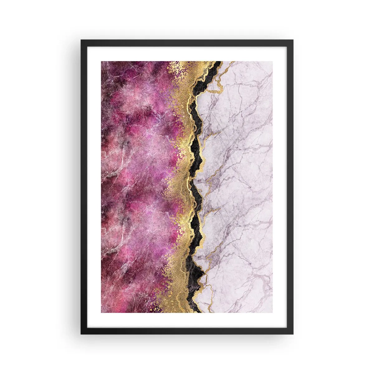 Affiche dans un cadre noir - Poster - Abstraction avec un motif en marbre et des accents dorés - 50x70cm - À la frontière - Décoration murale moderne pour le salon et la chambre ARTTOR