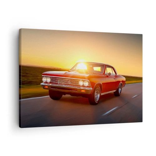 Impression sur toile - Image sur toile - Une voiture rouge au soleil couchant sur une route ouverte - 70x50cm - Le désir est de couleur rouge - Décoration murale moderne pour le salon et la chambre ARTTOR