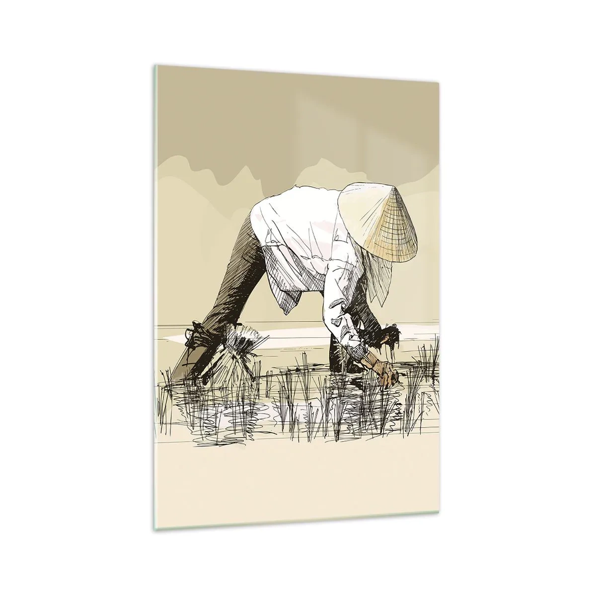 Impression sur verre - Image sur verre - Des agriculteurs travaillant dans une rizière portant des coiffures traditionnelles - 70x100cm - Récolte réussie - Décoration murale moderne pour le salon et la chambre ARTTOR
