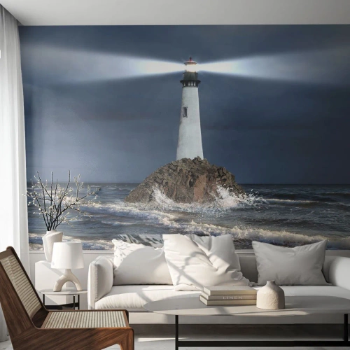 Papier Peint Photo Premium Sand - Un phare sur un rocher au milieu d'une mer agitée - 100x70cm - I… i… ici ! - Décoration murale moderne pour le salon et la chambre ARTTOR