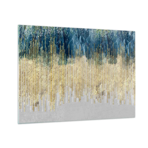 Impression sur verre - Image sur verre - Lignes verticales dorées sur fond de forêt bleu foncé - 70x50cm - Bordure dorée - Décoration murale moderne pour le salon et la chambre ARTTOR