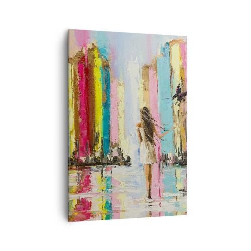Impression sur toile - Image sur toile - Une ville colorée et une femme en robe blanche avec un oiseau - 70x100cm - Viens avec moi - Décoration murale moderne pour le salon et la chambre ARTTOR
