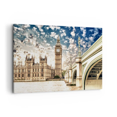 Impression sur toile - Image sur toile - Big Ben et le pont de Westminster illuminés par le soleil à Londres - 100x70cm - Nuages 