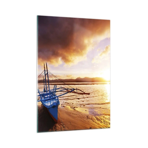 Impression sur verre - Image sur verre - Bateau sur la plage au coucher du soleil avec un ciel dramatique - 50x70cm - Allongez-vous dans le sable après une longue journée - Décoration murale moderne pour le salon et la chambre ARTTOR