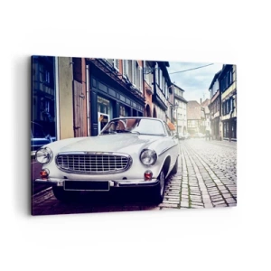 Impression sur toile - Image sur toile - Une voiture blanche classique dans une rue pavée de la ville - 100x70cm - Le passé est aujourd'hui - Décoration murale moderne pour le salon et la chambre ARTTOR