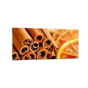 Impression sur verre - Image sur verre - Bâtons de cannelle avec des tranches d'orange séchées aux couleurs chaudes - 120x50cm - Sentez-vous leurs odeurs? - Décoration murale moderne pour le salon et la chambre ARTTOR
