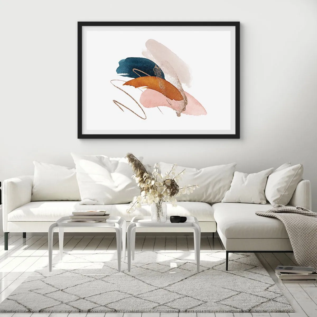 Affiche dans un cadre noir - Poster - Traits abstraits aux couleurs pastel avec des accents dorés - 100x70cm - Composition ailée - Décoration murale moderne pour le salon et la chambre ARTTOR