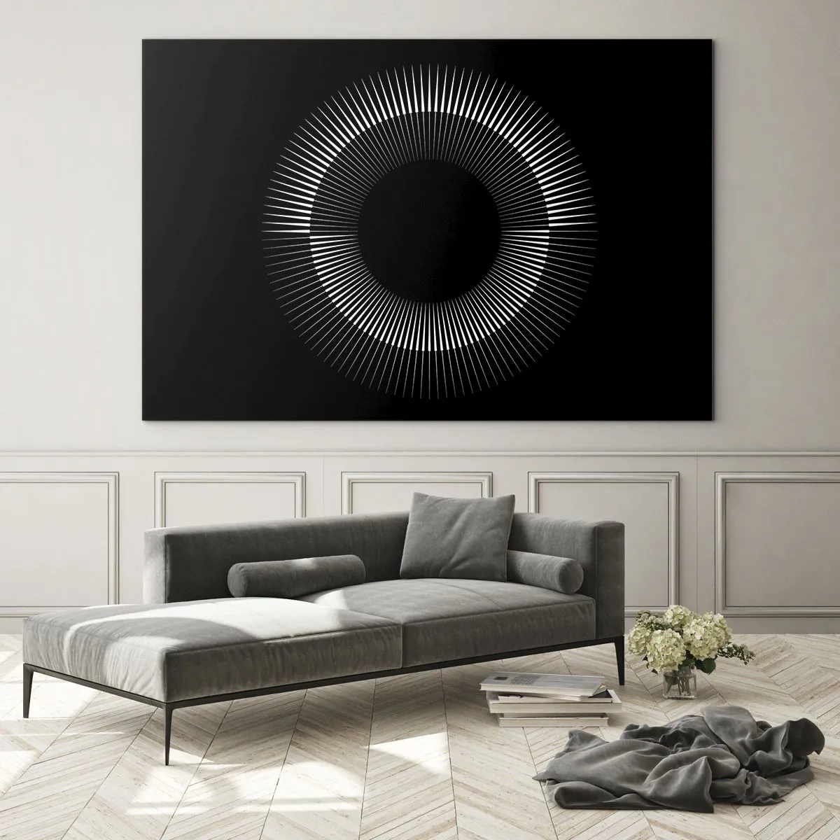 Impression sur verre - Image sur verre - Rayons blancs formant un cercle sur fond noir - 70x50cm - Soleil noir - Décoration murale moderne pour le salon et la chambre ARTTOR