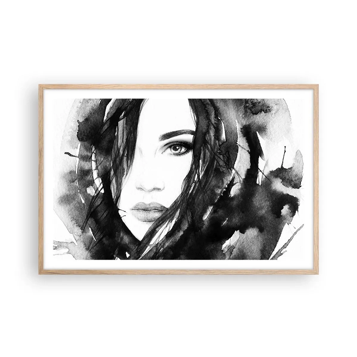 Affiche dans un chêne clair - Poster - Portrait d'une dame en noir et blanc - 91x61 cm