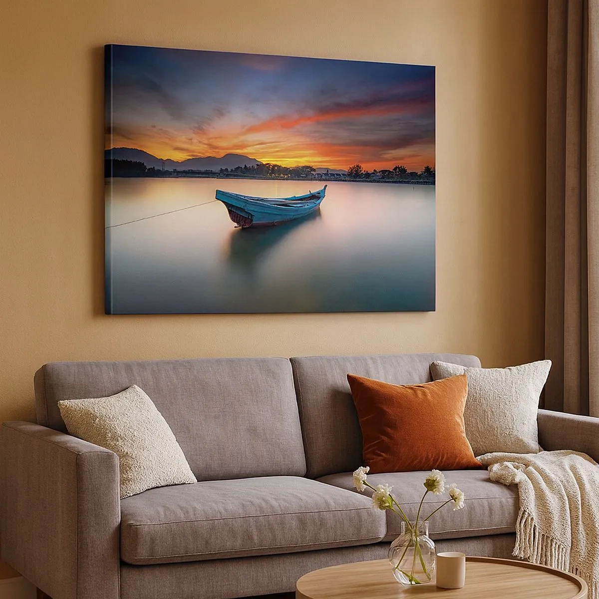 Impression sur toile - Image sur toile - Un bateau sur l'eau pendant un coucher de soleil pittoresque - 70x50cm - Une bonne nuit arrive - Décoration murale moderne pour le salon et la chambre ARTTOR