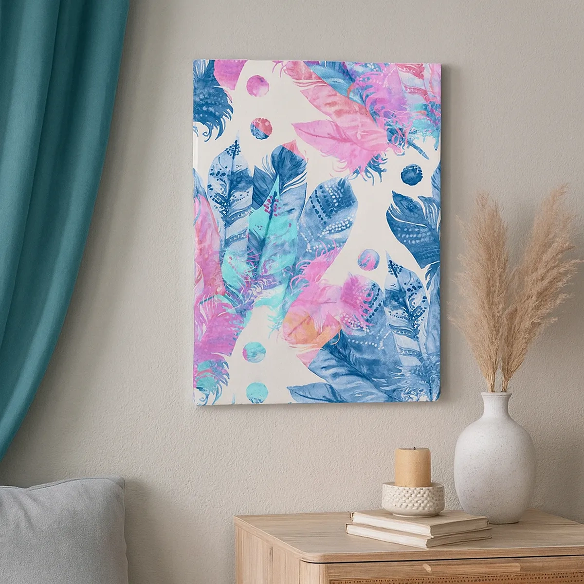 Impression sur toile - Image sur toile - Motif abstrait avec des plumes colorées dans des tons pastel - 50x70cm - Plumes en rose et bleu - Décoration murale moderne pour le salon et la chambre ARTTOR