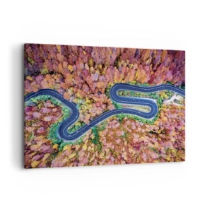 Impression sur toile - Image sur toile - Une route sinueuse dans une forêt d'automne vue à vol d'oiseau - 100x70cm - Route sinueuse à travers la forêt - Décoration murale moderne pour le salon et la chambre ARTTOR