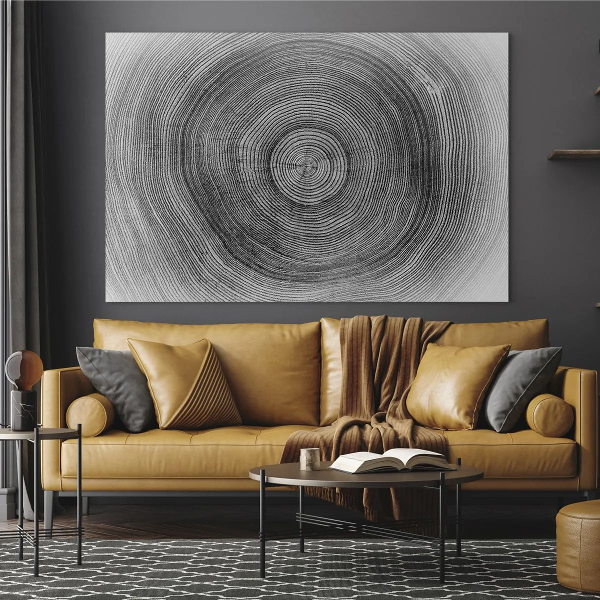 Impression sur verre - Image sur verre - Lignes concentriques d'anneaux d'arbres présentées dans une esthétique en noir et blanc - 120x80cm - Signe du temps - Décoration murale moderne pour le salon et la chambre ARTTOR