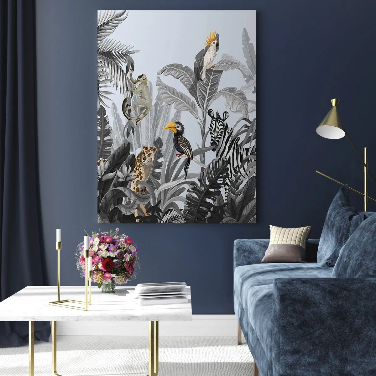 Impression sur verre - Image sur verre - Animaux exotiques dans une jungle en noir et blanc sur fond clair - 50x70cm - Conte de fées africain - Décoration murale moderne pour le salon et la chambre ARTTOR