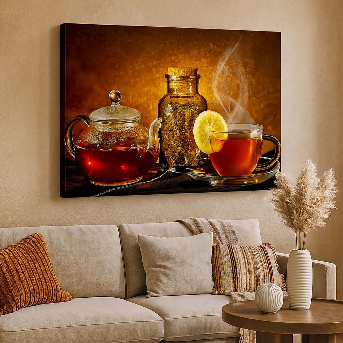 Impression sur toile - Image sur toile - Thé dans une carafe en verre avec du citron et du thé en vrac - 70x50cm - Dans le style des maîtres hollandais - Décoration murale moderne pour le salon et la chambre ARTTOR
