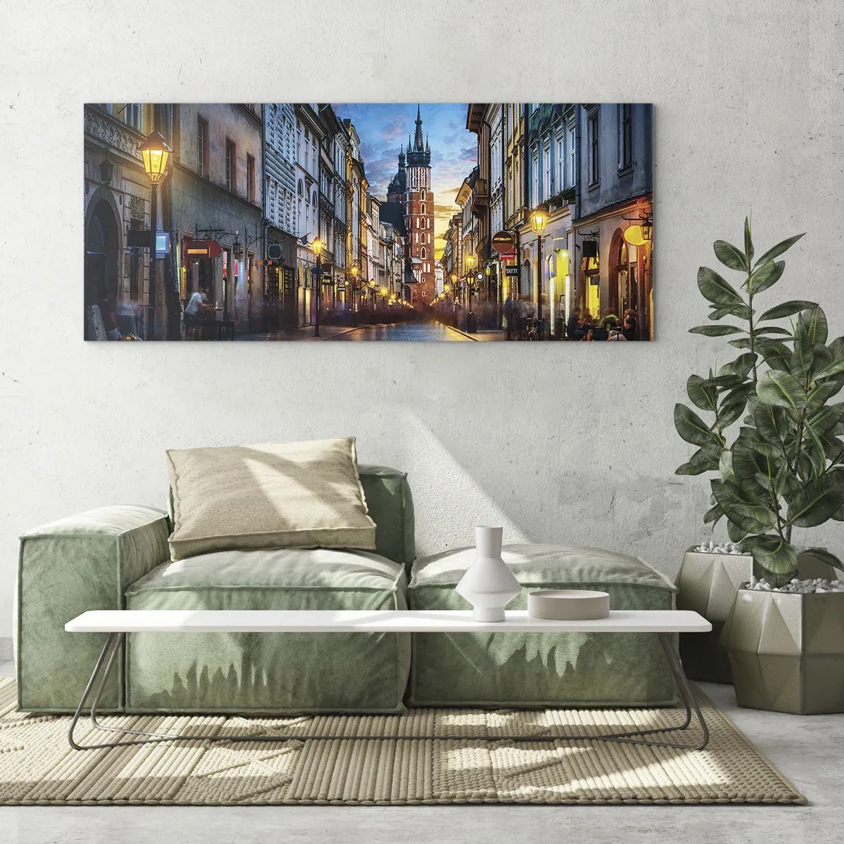 Impression sur verre - Image sur verre - Rue du soir avec vue sur la cathédrale de Cracovie - 160x50cm - La magie de Cracovie - Décoration murale moderne pour le salon et la chambre ARTTOR