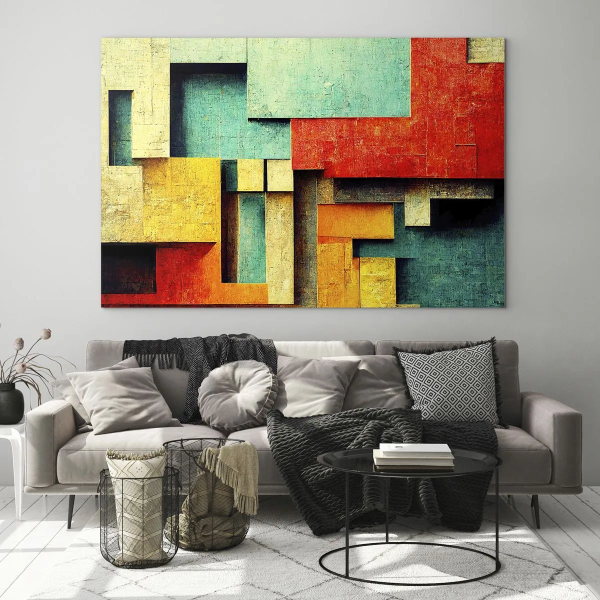 Impression sur verre - Image sur verre - Abstraction géométrique colorée faite de rectangles - 70x50cm - Festival des angles droits - Décoration murale moderne pour le salon et la chambre ARTTOR