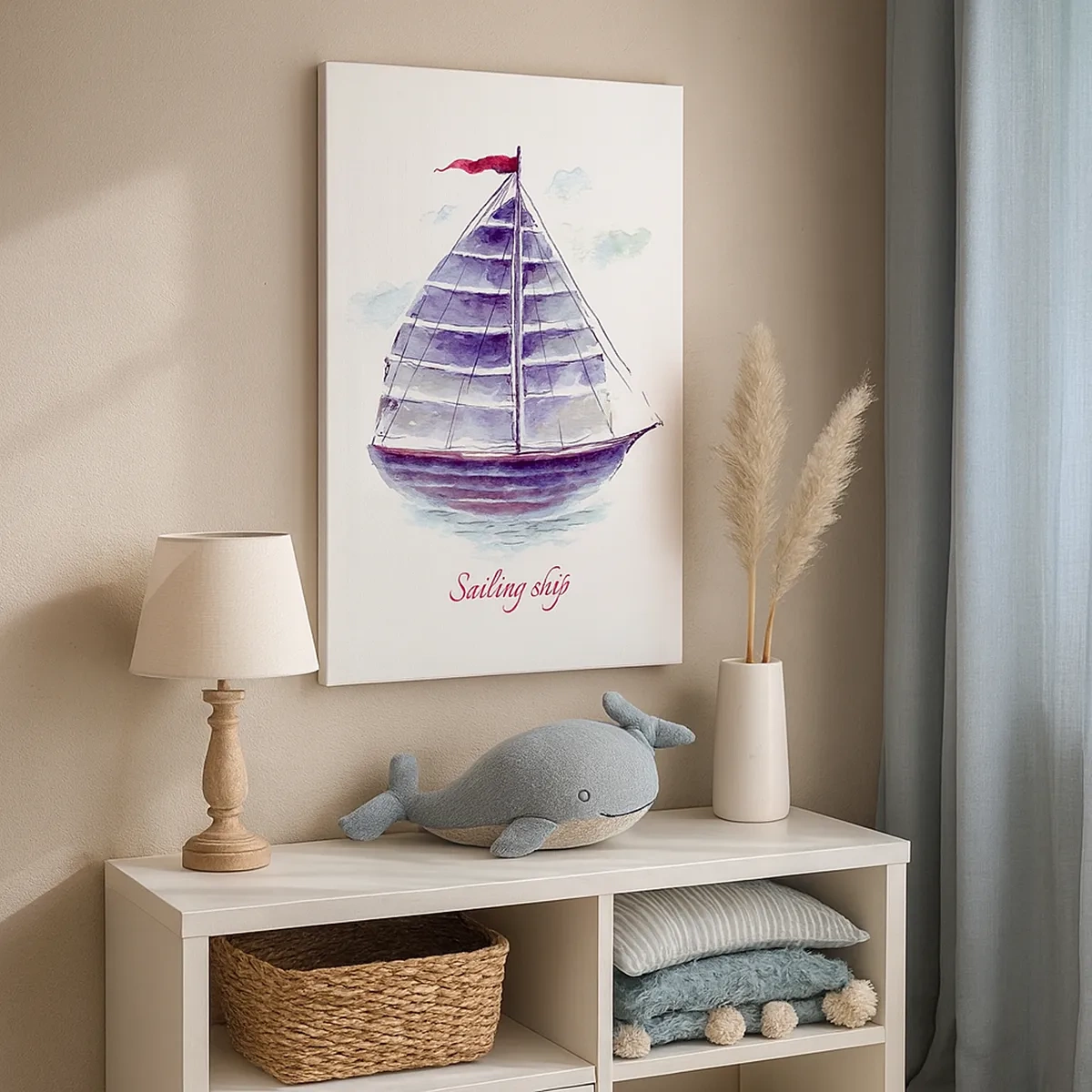 Impression sur toile - Image sur toile - Une aquarelle représentant un voilier sur l'eau avec une inscription délicate - 50x70cm - Plein de voiles et d’eau calme - Décoration murale moderne pour le salon et la chambre ARTTOR