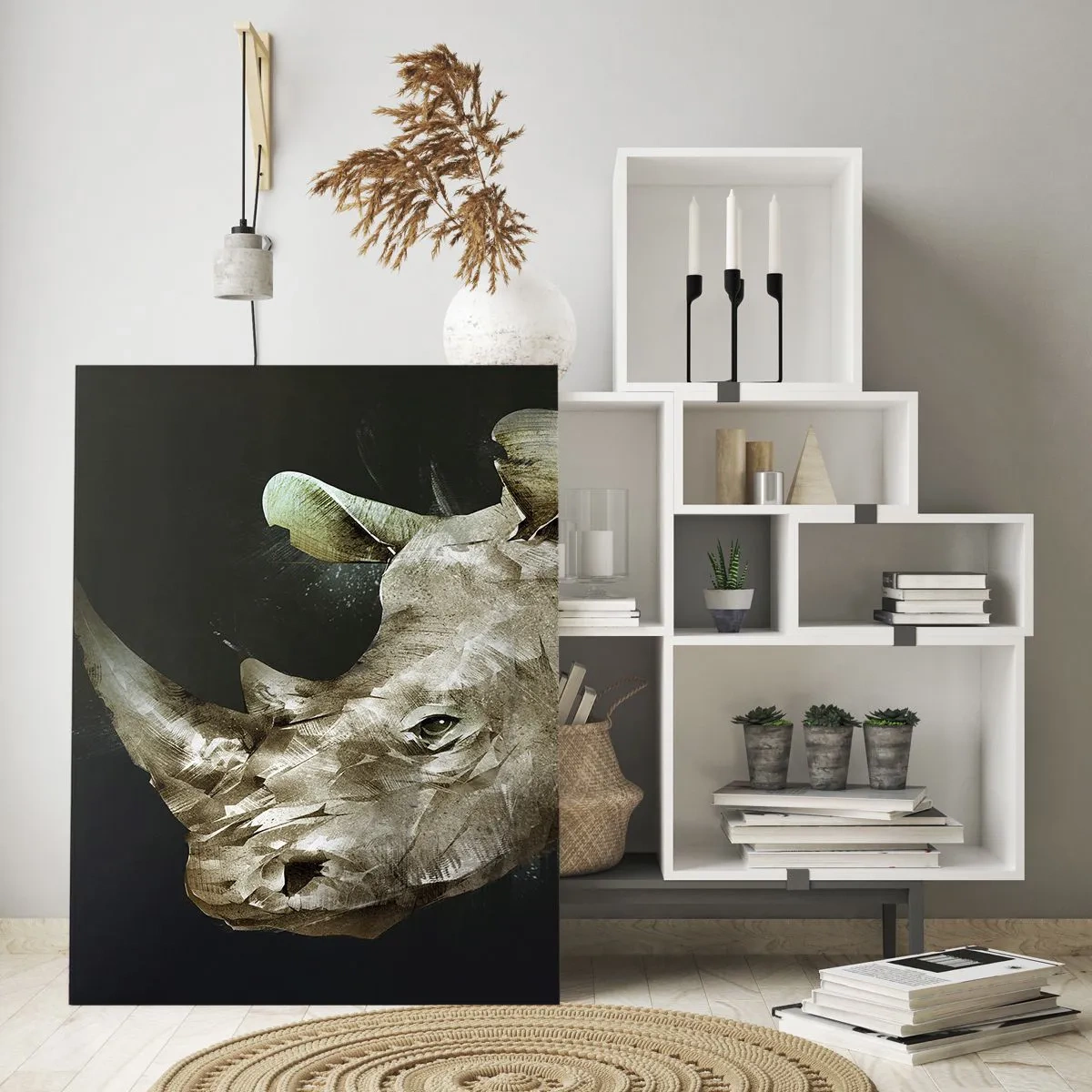 Impression sur verre - Image sur verre - Représentation artistique d'une tête de rhinocéros sur fond sombre - 50x70cm - La force vraiment masculine - Décoration murale moderne pour le salon et la chambre ARTTOR