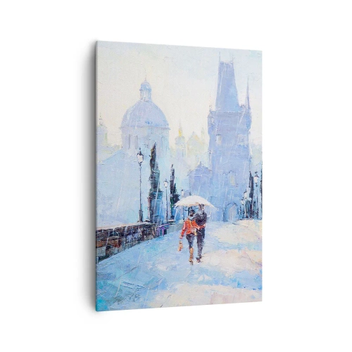 Impression sur toile - Image sur toile - Couple romantique sur un pont sous la pluie, une scène picturale - 70x100cm - La pluie a dû nous charmer - Décoration murale moderne pour le salon et la chambre ARTTOR