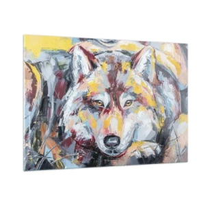 Impression sur verre - Image sur verre - Portrait coloré d'un loup dans le style expressionniste - 100x70cm - En paix au milieu des siens - Décoration murale moderne pour le salon et la chambre ARTTOR