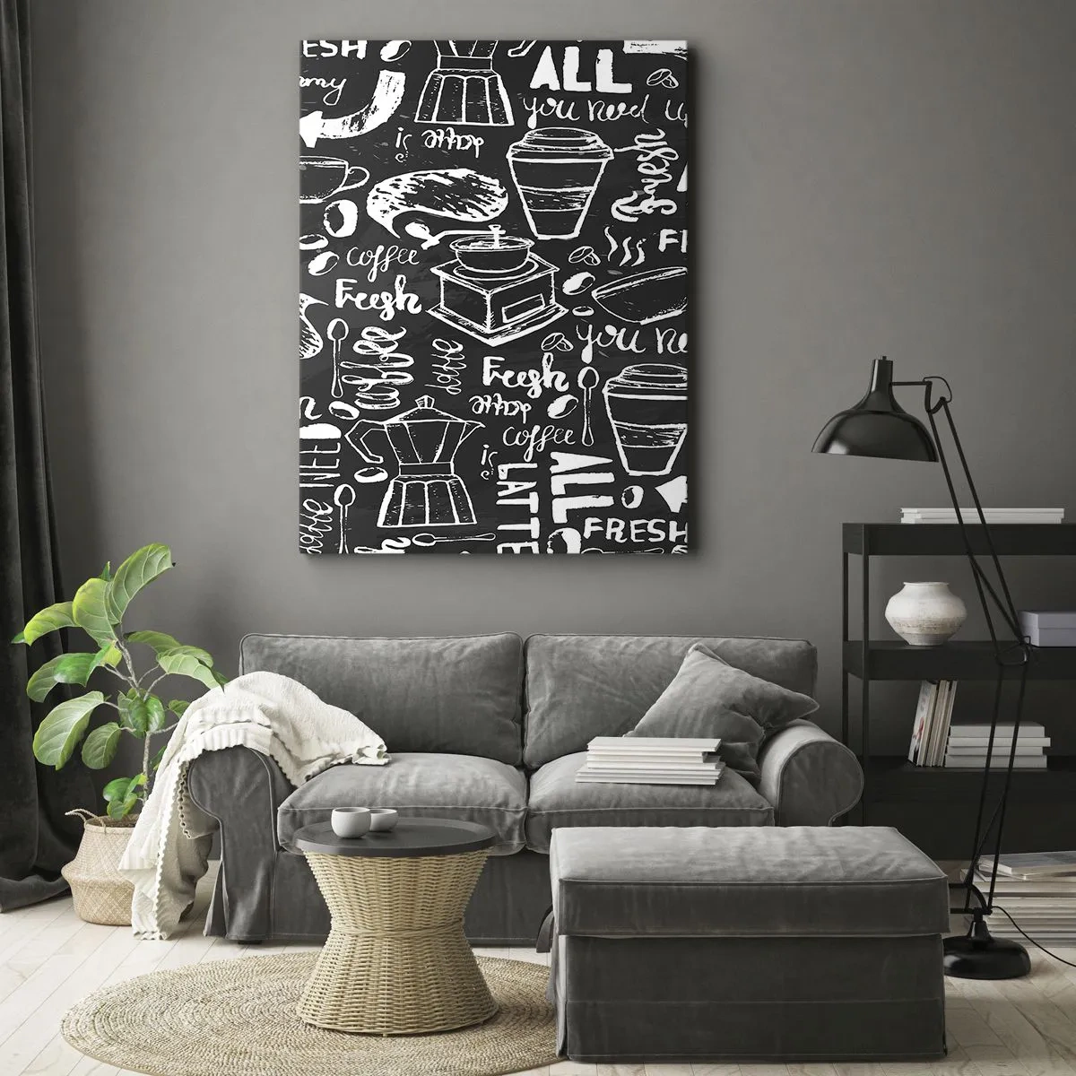 Impression sur toile - Image sur toile - Graphiques de café élégants sur fond noir - 50x70cm - Tout ce dont tu as besoin c'est… - Décoration murale moderne pour le salon et la chambre ARTTOR