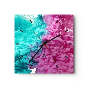 Horloge murale - Pendule murale - Vagues colorées de turquoise et de rose dans une forme abstraite - 30x30cm - Rencontre finale - Décoration murale moderne pour le salon et la chambre ARTTOR