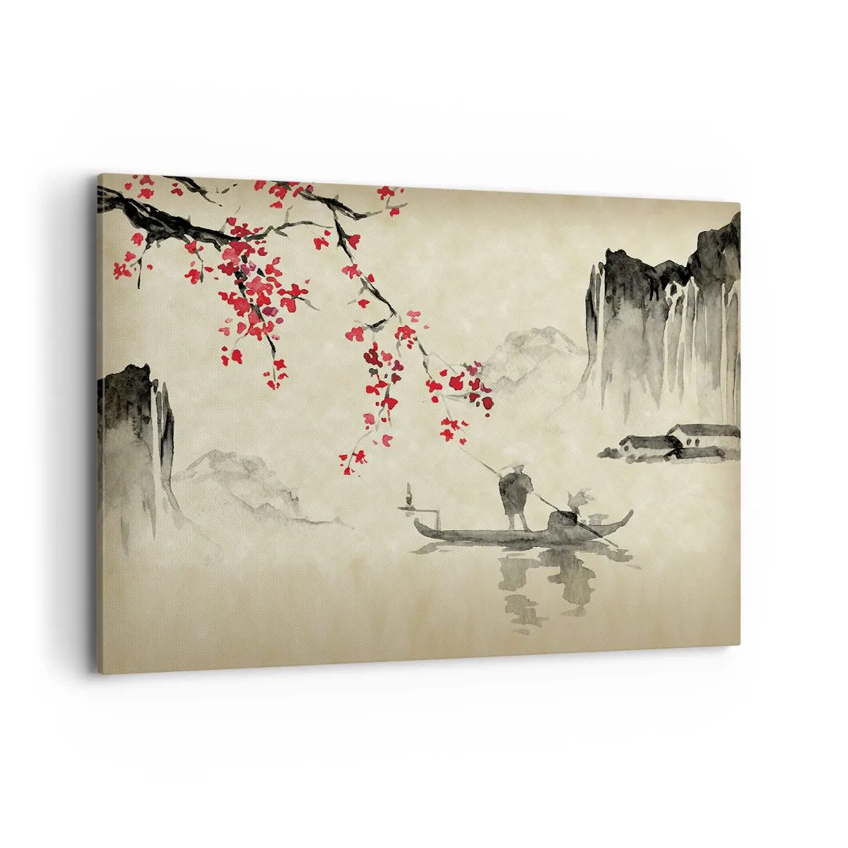 Impression sur toile - Image sur toile - Illustration orientale avec un bateau et une branche fleurie - 100x70cm - Au pays des cerisiers en fleurs - Décoration murale moderne pour le salon et la chambre ARTTOR
