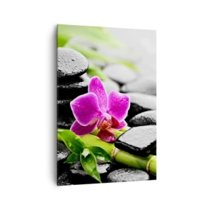Impression sur toile - Image sur toile - Orchidée violette, pierres noires et bambou dans une composition tranquille - 70x100cm - Dans un équilibre de calme - Décoration murale moderne pour le salon et la chambre ARTTOR