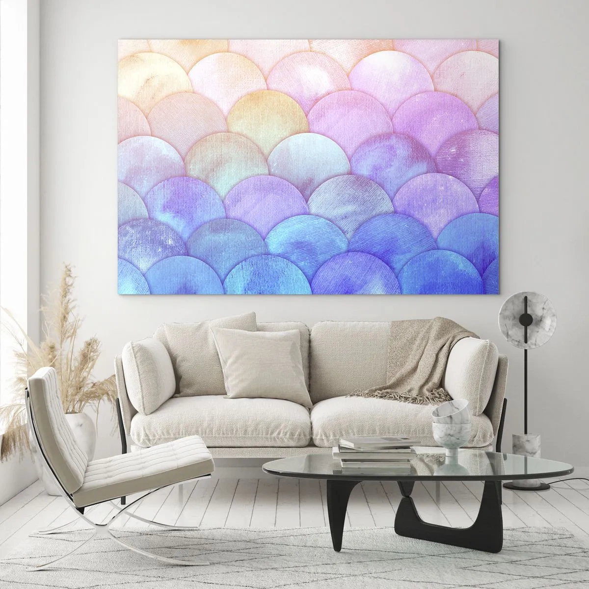 Impression sur verre - Image sur verre - Écailles de perles dans des tons pastel de rose, bleu et violet - 70x50cm - Écailles de perles - Décoration murale moderne pour le salon et la chambre ARTTOR