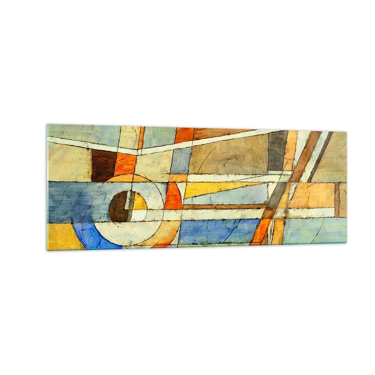 Impression sur verre - Image sur verre - Abstraction géométrique dans les tons beige, bleu et orange - 140x50cm - Cubisme sur le chantier - Décoration murale moderne pour le salon et la chambre ARTTOR