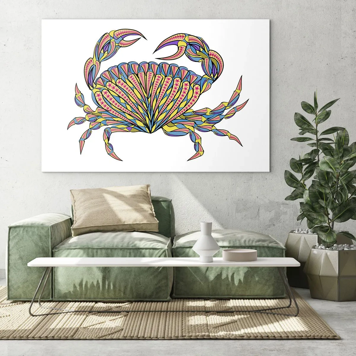 Impression sur verre - Image sur verre - Illustration d'un crabe coloré dans un style géométrique - 70x50cm - Bijoux de la mer - Décoration murale moderne pour le salon et la chambre ARTTOR