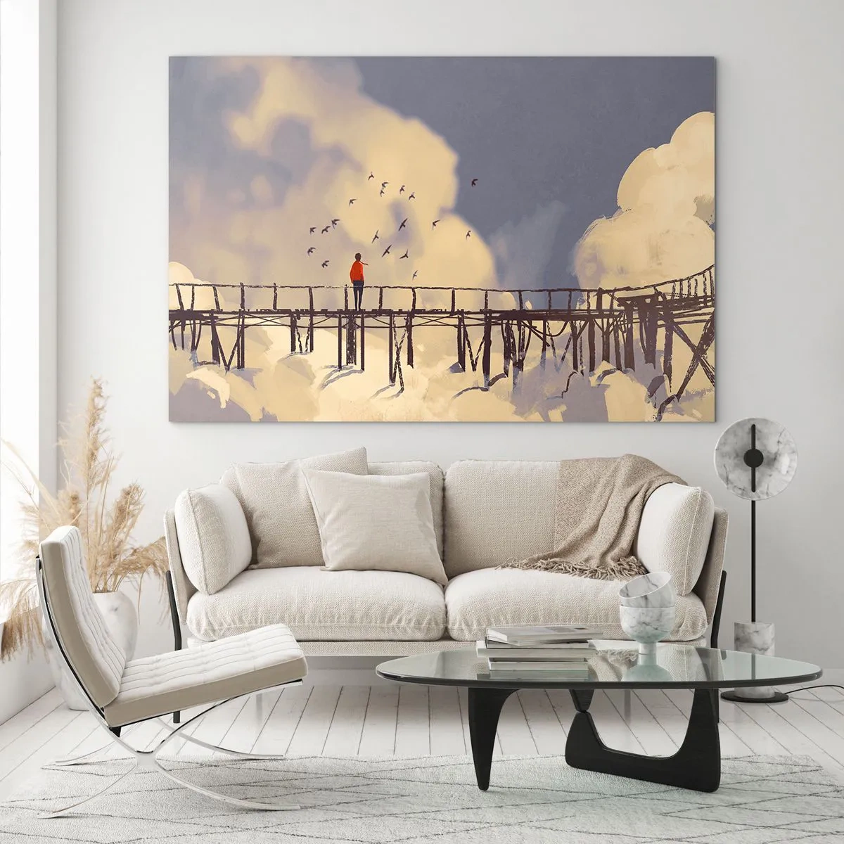 Impression sur verre - Image sur verre - Un homme sur un pont en bois entouré de nuages - 100x70cm - Bleu nostalgie - Décoration murale moderne pour le salon et la chambre ARTTOR