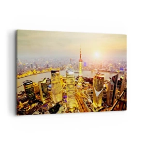 Impression sur toile - Image sur toile - Panorama de la ville avec des gratte-ciels au coucher du soleil - 100x70cm - Rêve asiatique - Décoration murale moderne pour le salon et la chambre ARTTOR