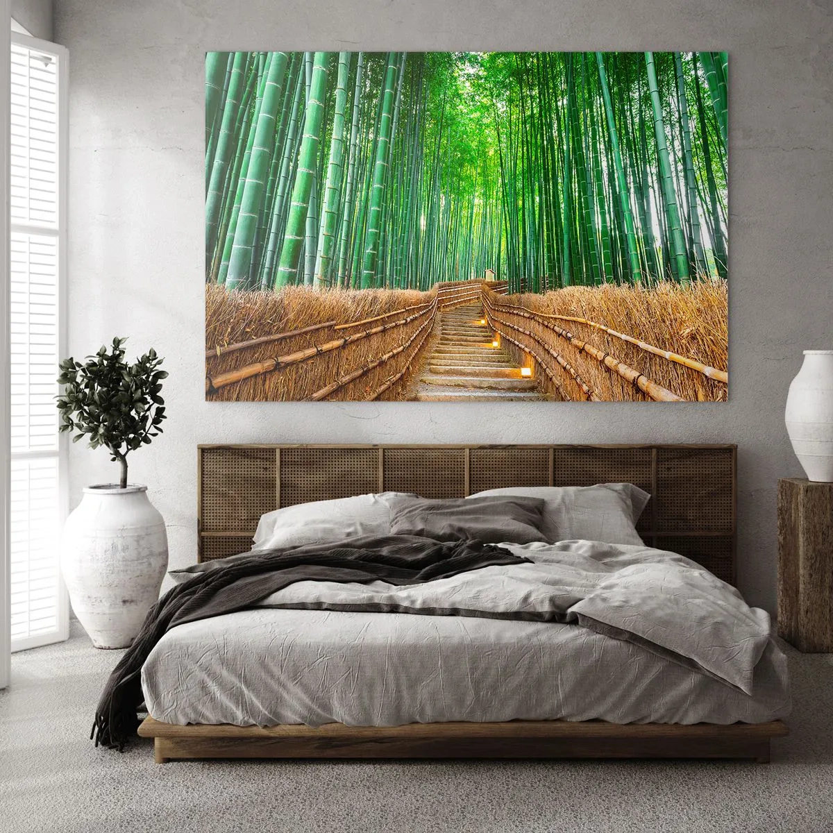 Impression sur verre - Image sur verre - Un chemin dans la forêt de bambous menant à travers les escaliers - 100x70cm - L'essence de la nature asiatique - Décoration murale moderne pour le salon et la chambre ARTTOR