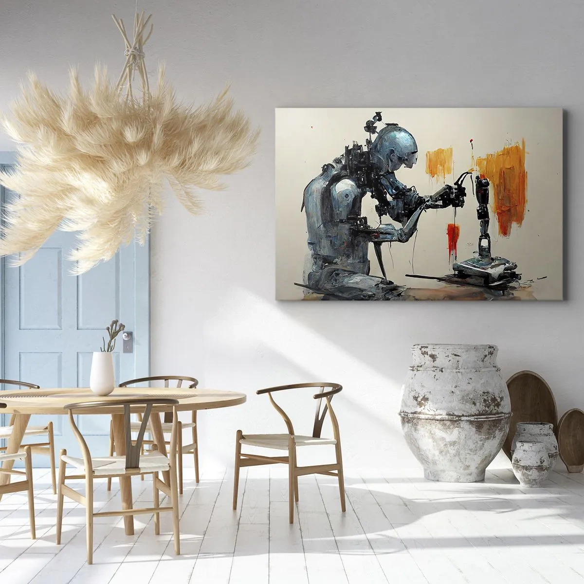 Impression sur toile - Image sur toile - Robot au travail avec un arrière-plan abstrait - 70x50cm - Déjà demain… - Décoration murale moderne pour le salon et la chambre ARTTOR