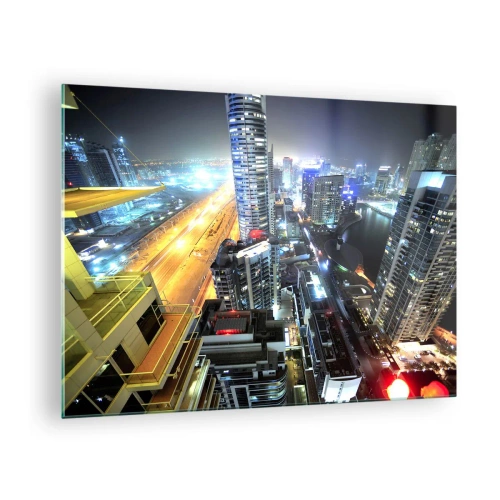 Impression sur verre - Image sur verre - Panorama de la ville nocturne avec des gratte-ciel illuminés - 70x50cm - Un miracle dans le désert - Décoration murale moderne pour le salon et la chambre ARTTOR