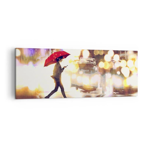 Impression sur toile - Image sur toile - Une silhouette avec un parapluie rouge dans la rue sous la pluie - 140x50cm - Et pourtant ensoleillé - Décoration murale moderne pour le salon et la chambre ARTTOR