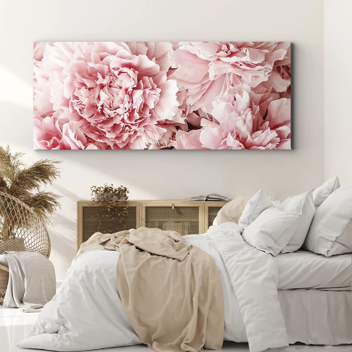 Impression sur toile - Image sur toile - Pivoines roses subtiles dans un décor délicat - 160x50cm - Rêve rose - Décoration murale moderne pour le salon et la chambre ARTTOR