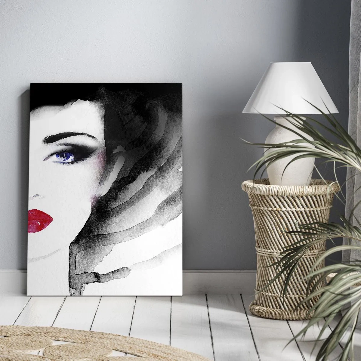 Impression sur toile - Image sur toile - Portrait d'une femme aux lèvres rouges et aux yeux bleus intenses - 50x70cm - Elle repousse et attire - Décoration murale moderne pour le salon et la chambre ARTTOR